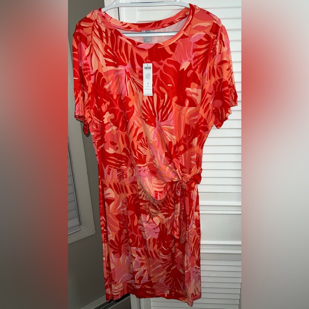 Chico’s ‘flame scarlet’ lush foliage print side tie knit dress Size 3 (XL)